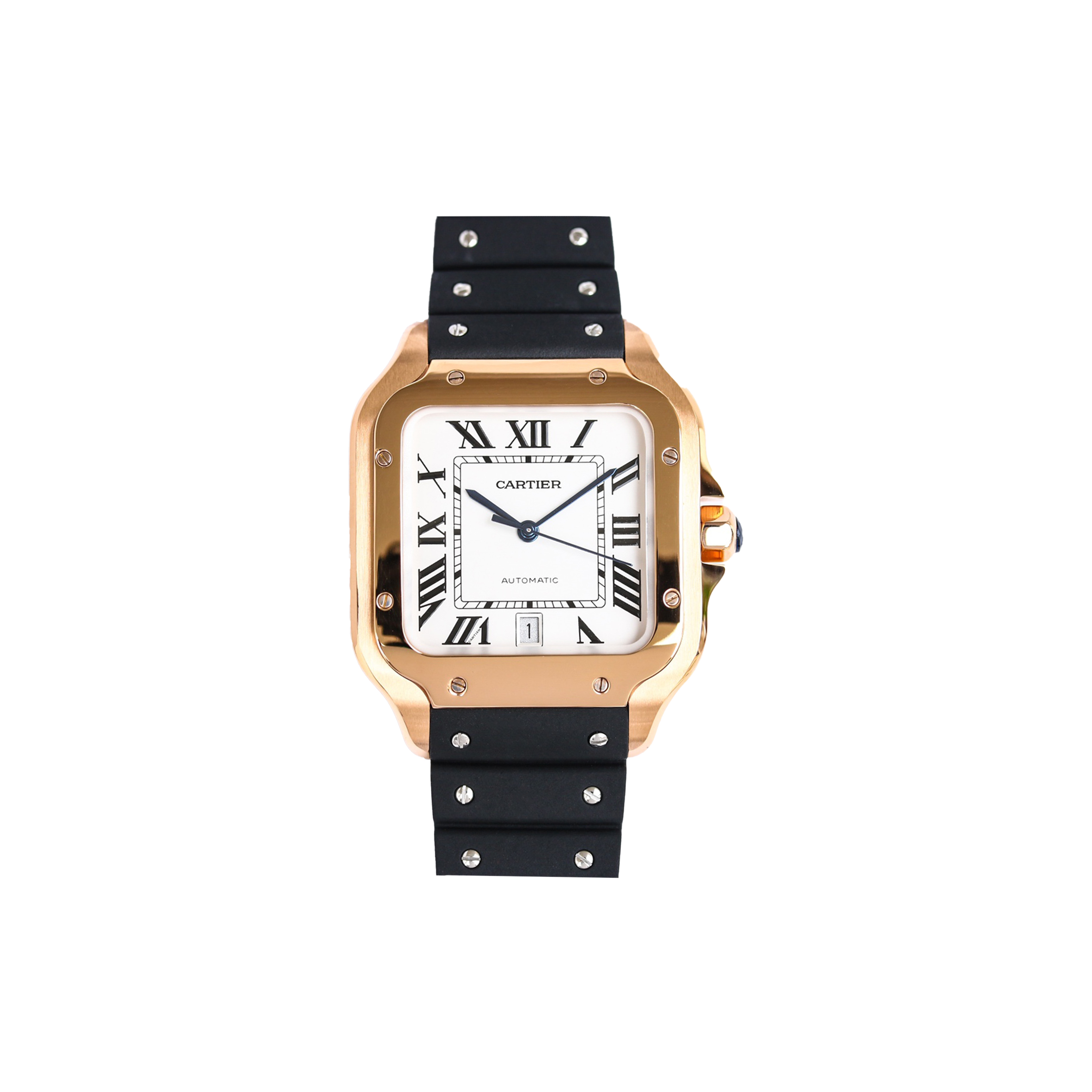 Ca*t*er santos de white dial in rose gold on black rubber strap watch wgsa0019